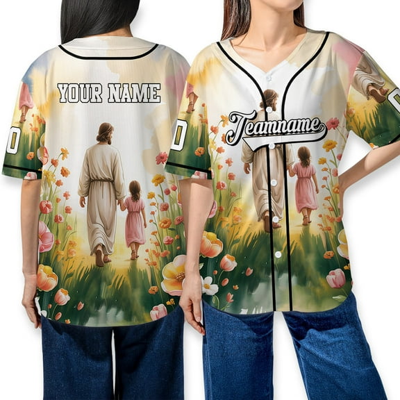Personalized Jesus Walking The Path With A Little Girl Christian Baseball Jersey Shirt – Come Flow Me Jesus - Religious Faith – Unisex Spiritual Christmas Baseball Jersey
