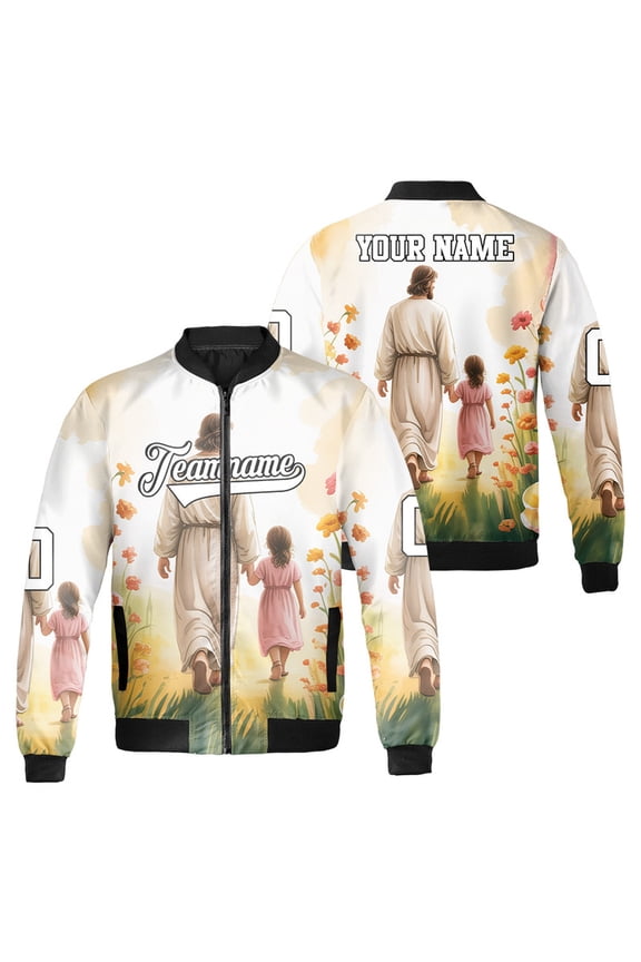 Personalized Jesus Walking The Path With A Little Girl Christian Bomber Jacket - Religious Faith Come Flow Me Jesus – Unisex Spiritual Christmas Jacket