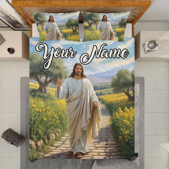 Personalized Jesus Walking Path Quilt Bedding Set – Custom Name Christian Quilt Set, Religious Bedroom Decor, Inspirational Faith Gift for Believers