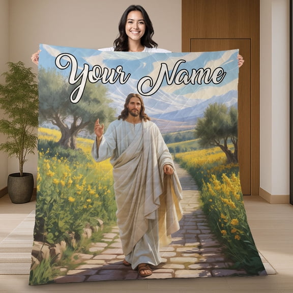 Personalized Jesus Walking The Path Quilt Blanket – Custom Name Christian Quilt, Religious Quilt Blanket