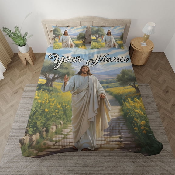 Personalized Jesus Walking in Nature Bedding Set – Custom Religious Bedding, Spiritual Bedroom Decor