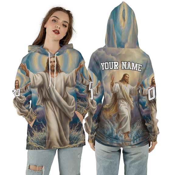 Personalized Jesus Walking on Water 3D Hoodie, Christian Faith Religious Art Design Hoodie, Savior Inspirational All-Over Print Hooded Sweatshirt