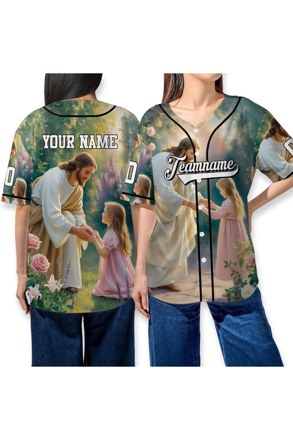 Personalized Jesus and Child Baseball Jersey Shirt Unisex, Custom Christian Faith Button Up Top, Religious Gift Baseball Shirt, Christmas Gift