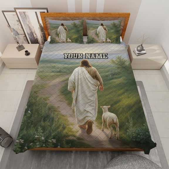 Personalized Jesus and Lamb Quilt Bedding Set, Custom Name Christian Quilt Set, Faith-Based Quilt Blanket & Pillowcases