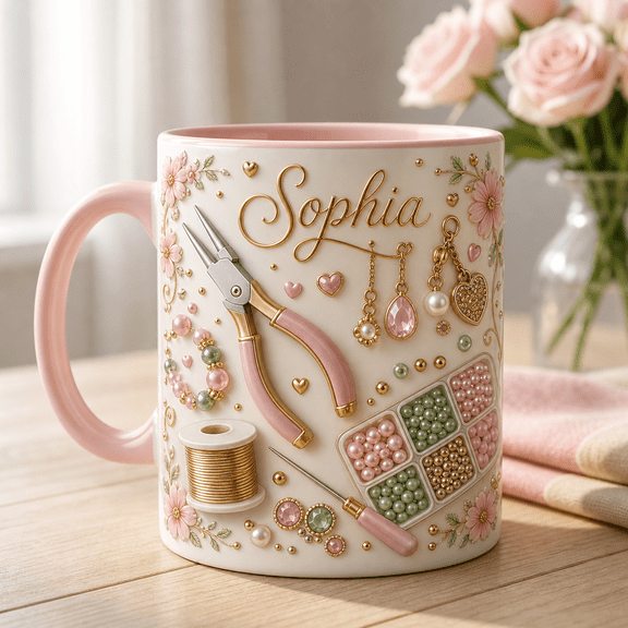 Personalized Jewelry Maker Mug with 3D Effect, Beads & Pliers Craft Gift