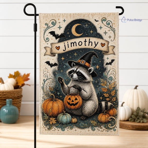 Personalized Jimothy Raccoon Garden Flag, Funny Jimothy Halloween Flag, Spooky Fall Porch Flag