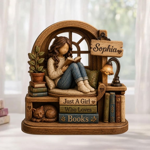 Personalized Just A Girl Who Loves Books Wooden Block, Custom Name Reading Girl Figurine, Book Lover Shelf Decor