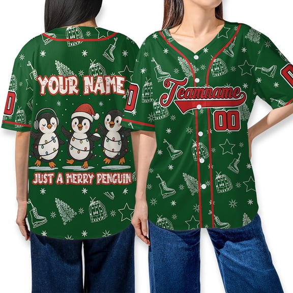 Personalized Just A Merry Penguin Baseball Jersey – Custom Holiday Baseball Shirt With Cute Penguins & Lights – Funny Xmas Team Apparel