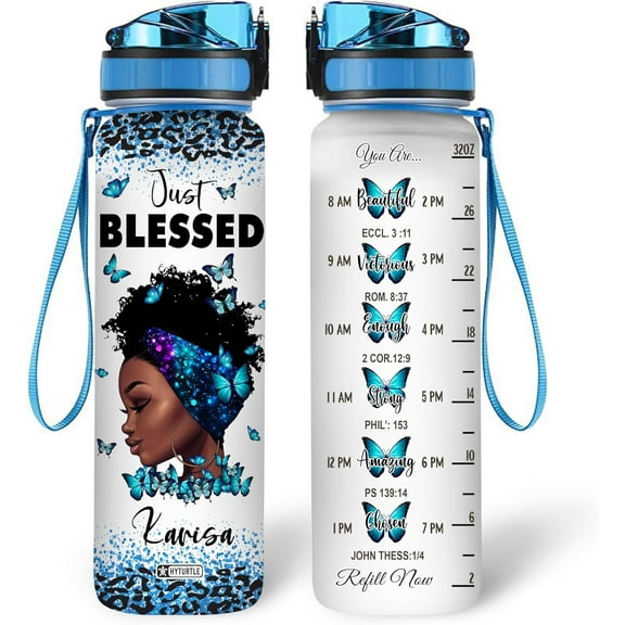 Personalized Just Blessed You Are Beautiful Black Women 32Oz Liter Motivational Water Bottle, Customized Africa American Water Bottle With Time Marker Gifts For Black Women Girls On Birthday