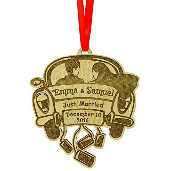 Personalized Just Married Both Sided Wood Engraved Ornament Hanging With Gift Box -First Christmas Wedding Gift