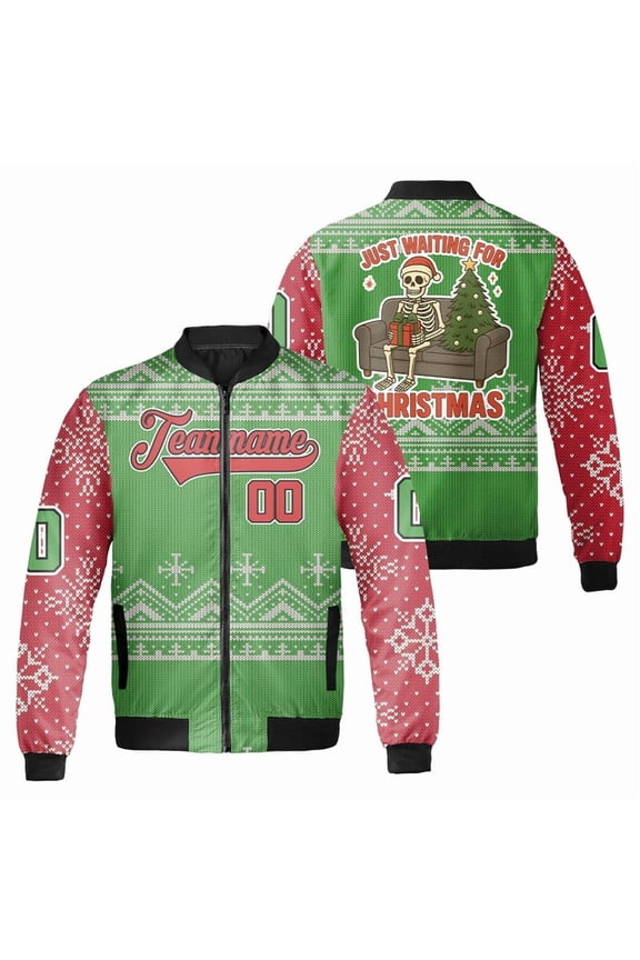 Personalized Just Waiting For Christmas Funny Christmas Skeleton Bomber Jacket - Custome Xmas Holiday, Festive Winter, Christmas Is Coming Outerwear