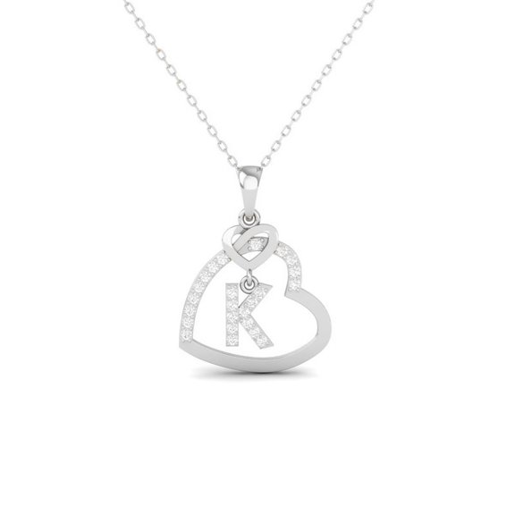 Personalized 'K' Initial Letter In Heart Pendant Necklace For Women In Moissanite 14K White Gold Over 925 Silver Valentine Gift