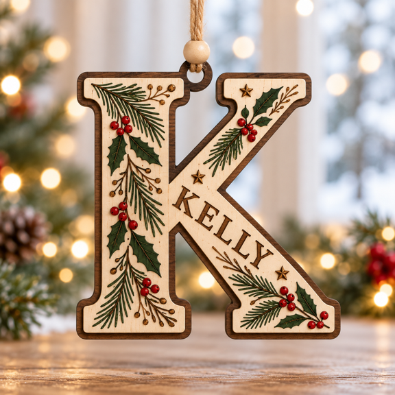 Personalized K Initial Wooden Ornament With Holly Christmas Design