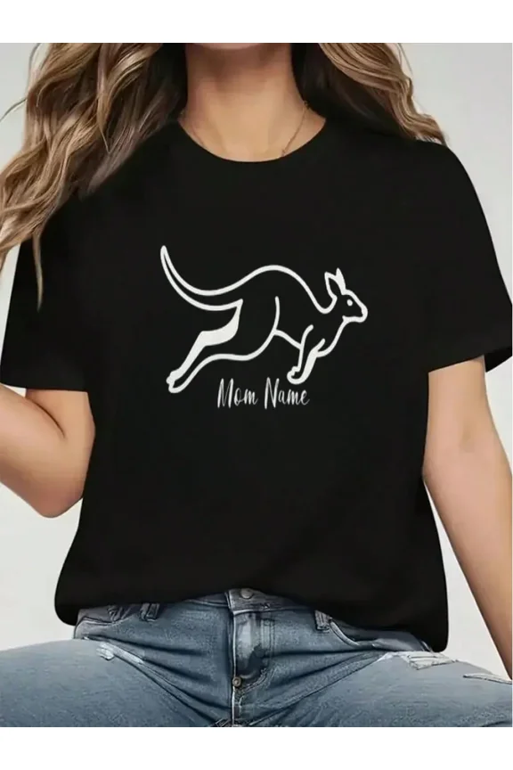 Personalized Kangaroo Silhouette Custom Mother T-Shirt Retro Animal Graphic Women's Black Cotton Tee Soft Comfortable Apparel