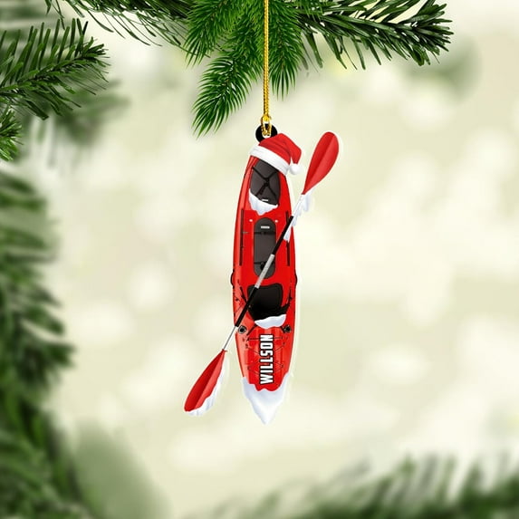 Personalized Kayaking Christmas Ornaments, Custom Name Christmas Kayak Ornaments for Christmas Tree, Kayak Ornament Christmas Decorations for Kayakers, Kayaking Lover (Style 5) - 3591 (Red)