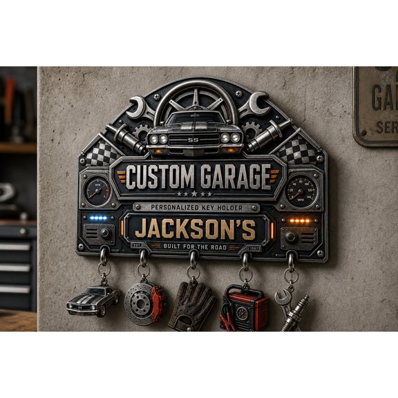 Personalized Key Holder Custom Garage Name Entryway Organizer Gift for Car Lovers