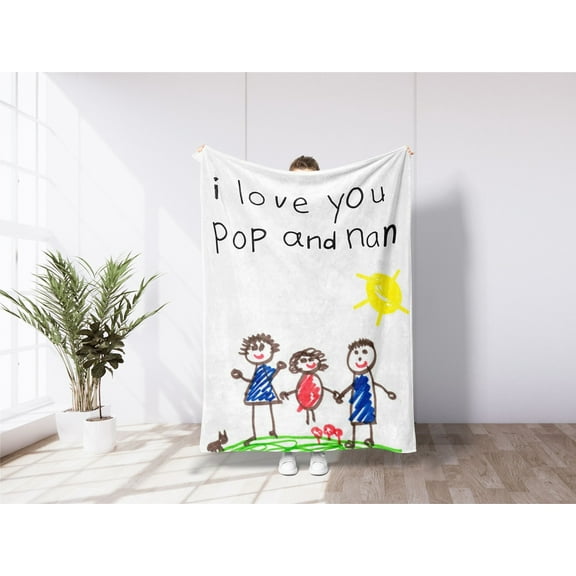 Personalized Kid's Drawing On Blanket, Custom Birthday Gift For Grandparents Form Grandchildren, Actual Child Drawing On Blanket Keepsake