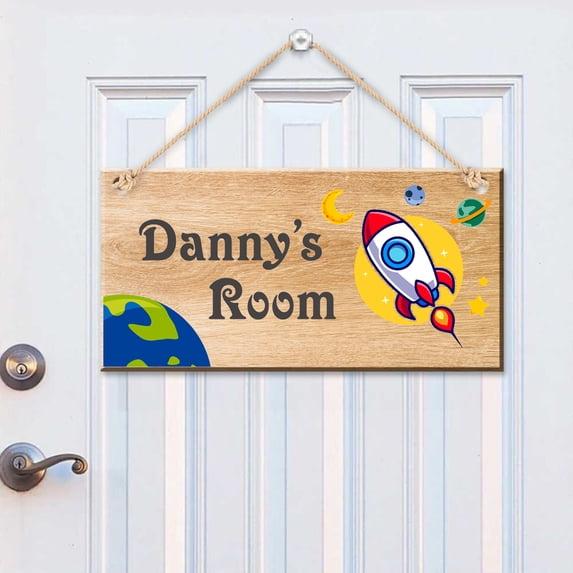 Personalized Kid's Name Room Sign Space Rocket Taking Flight, Customized Wood Hanging Plaque Door Sign Bedroom Sign, UV Printed Any Name Text for Son Daughter Kids
