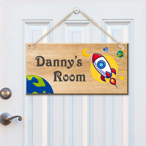 Personalized Kid's Name Room Sign Space Rocket Taking Flight, Customized Wood Hanging Plaque Door Sign Bedroom Sign, UV Printed Any Name Text for Son Daughter Kids