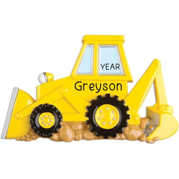 Personalized Kids Excavator Ornaments 2023 – Free Customization in 24 Hours – Yellow Backhoe Christmas Ornament with Name – Cool Digger, Bulldozer Construction