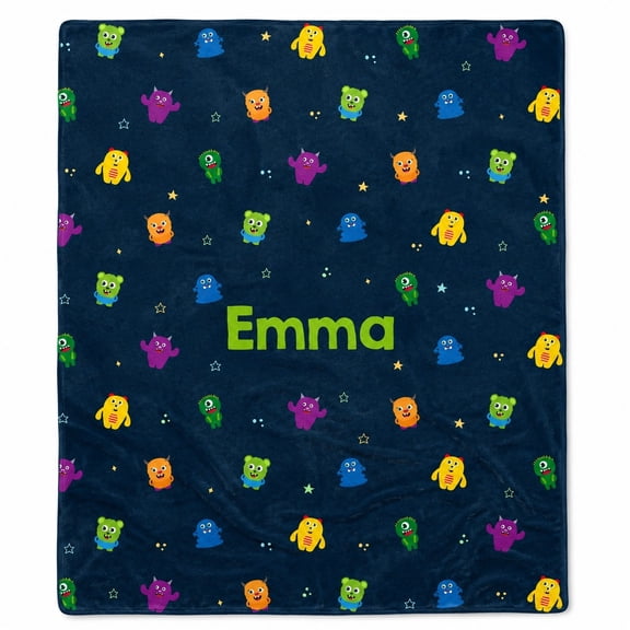 Personalized Family Monster Space Print Fleece Throw Blanket, Custom Name, Soft 280 Gsm Polyester, Celestial Decor for Couch, Sofa & Bed