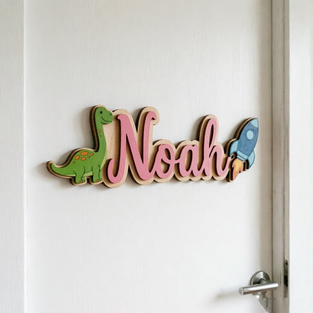 Personalized Kids Name Sign Dinosaur Rocket Wooden Door Sign for Boys ...