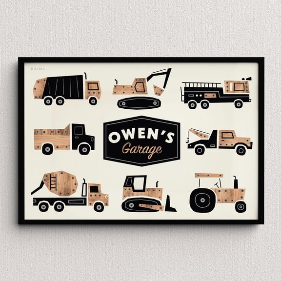 Personalized Kids Name Wooden Vehicle Garage Art Print Printable Digital Download, Name Transportation Art, Personalized Art Boys Room, Unframed Canvas Size 16x24