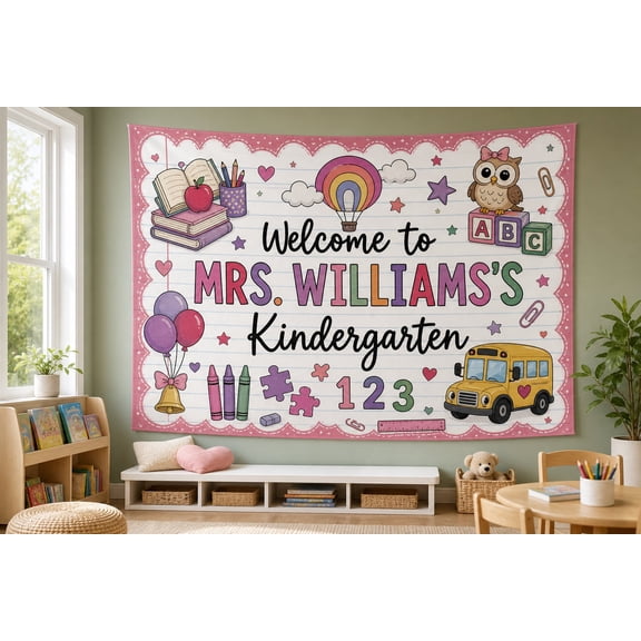 Personalized Kindergarten Tapestry - Teacher Name Gingham Classroom Banner
