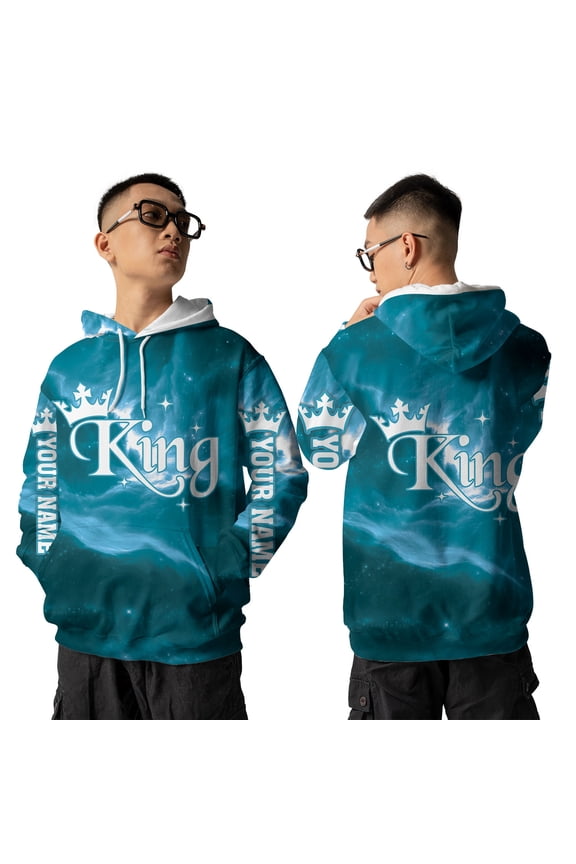 Personalized King & Queen Crown 3D Hoodie, Royal King & Queen Custom Name 3D Hooded Sweatshirt, Galaxy Pattern 3D Pullover Hoodie