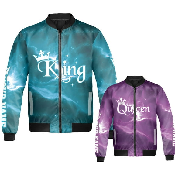Personalized King and Queen Matching Bomber Jacket for Couples - Custom Galaxy Print Zip-Up Jacket, Anniversary Valentine Gift