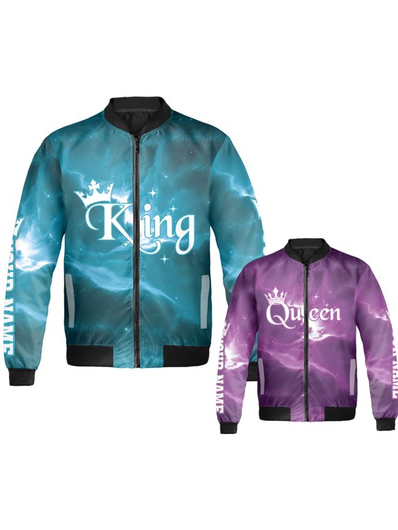 Personalized King and Queen Matching Bomber Jacket for Couples - Custom Galaxy Print Zip-Up Jacket, Anniversary Valentine Gift