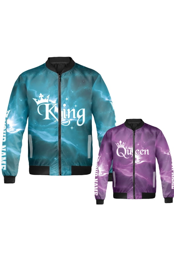 Personalized King and Queen Matching Bomber Jacket for Couples - Custom Galaxy Print Zip-Up Jacket, Anniversary Valentine Gift