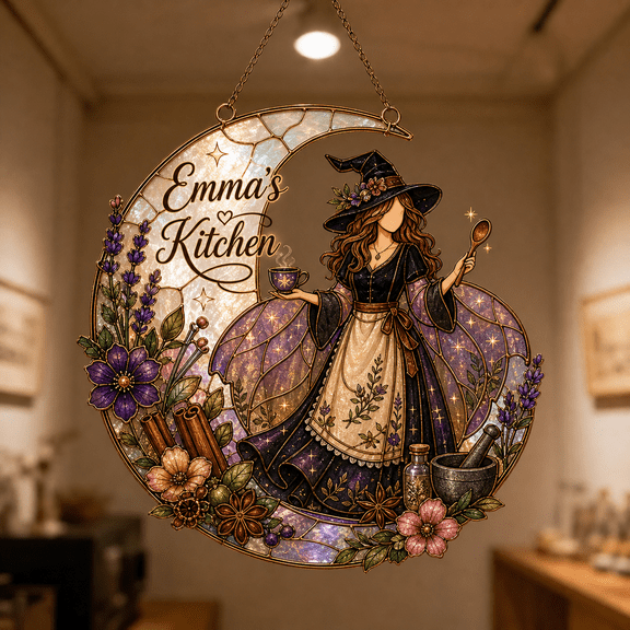 Personalized Kitchen Witch Window Hanging Suncatcher Custom Name Kitchen Gift