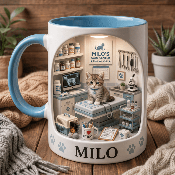 Personalized Kitten First Vet Visit Mug - Custom Cat Name Coffee Cup Gift