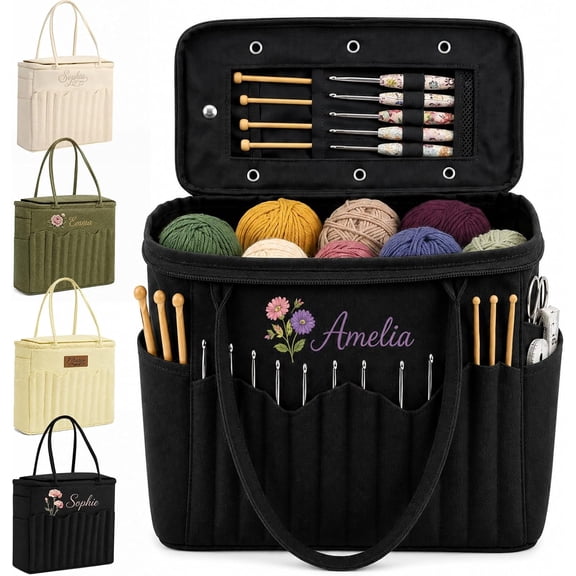 Personalized Knitting Bag Custom Yarn Storage Bag with Print Name | Customized Large Canvas Crochet Bag with Multiple Pockets Organizer Tote Gift for Mom Grandma Needlework