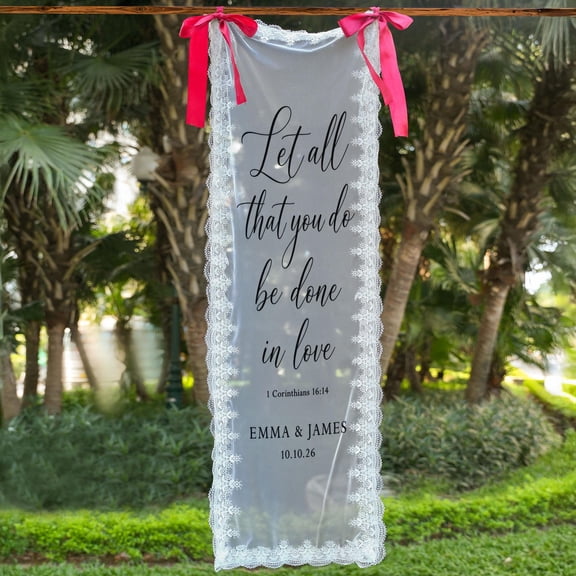 Personalized Lace Wedding Ceremony Banner, Custom Sheer Fabric Backdrop with Love Quote for Reception and Bridal Decor