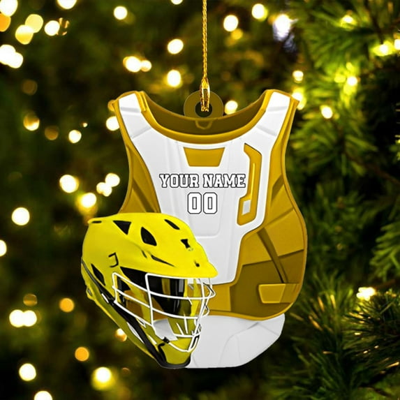 Personalized Lacrosse Ornament, Lacrosse Amor Shape Flat Ornament, Lacrosse Helmet Ornaments, Gifts for Lacrosse Lovers, Lacrosse Players, Lacrosse Christmas Ornament (LA 6) (Yellow)