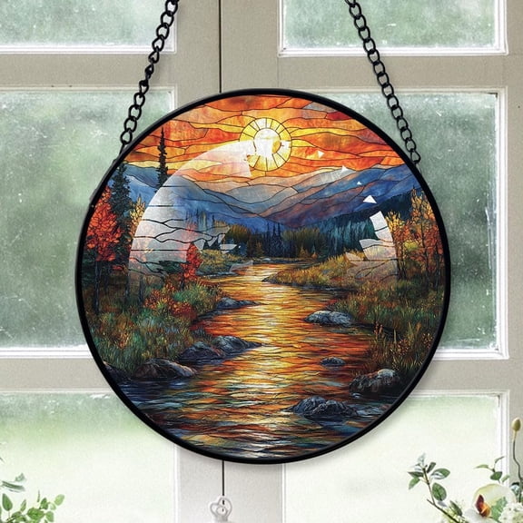 Personalized Landscape Stained Glass Suncatcher Artistic Window Hanging, Landscape Hand-Painted Glass Panel Wall Home Decor, Landscape Garden Decor NiYcZw
