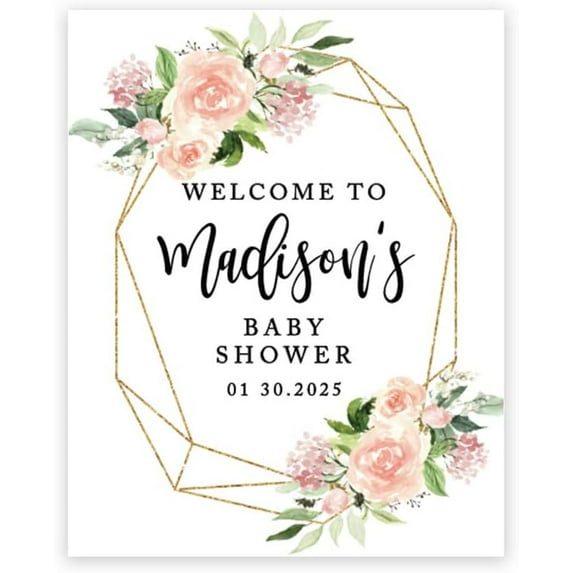 Personalized Large Canvas Baby Shower Welcome Sign, 16 x 20 Inches, Geometric Peachy Pink Floral Wreath, Guestbook Alternative, Custom Baby Shower Sign, Floral Baby Shower, Baby Sprinkle