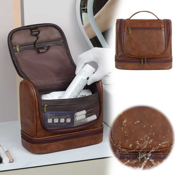 Personalized Large Capacity PU Leather Vintage Toiletry Bag Leather Shaving Dopp Kit Bag for Men Hanging Makeup Bag Hanging Cosmetic Organizer Kit