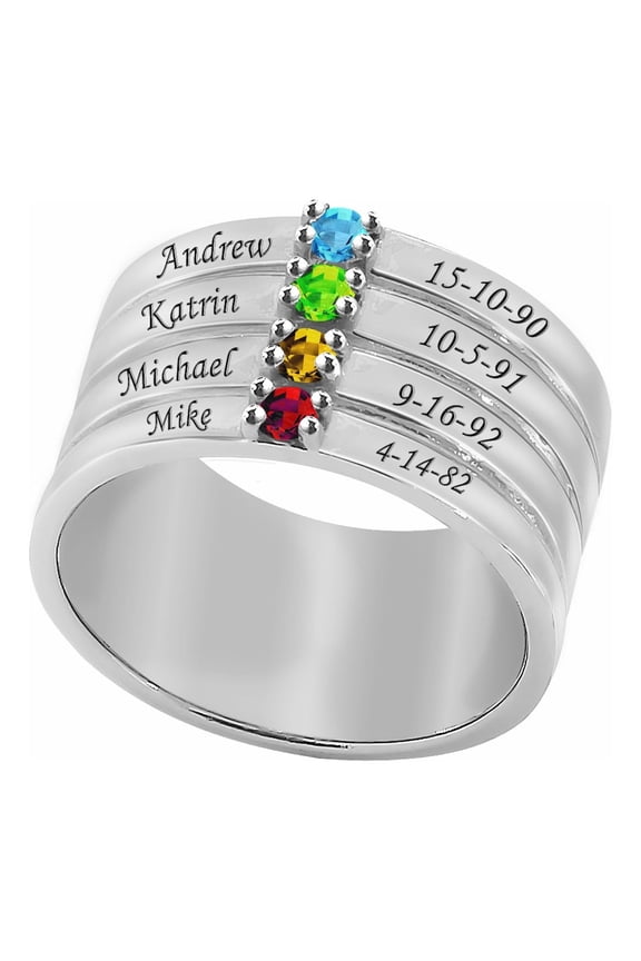 Personalized Laser Engraved Family Ring with Up to Four Birthstones