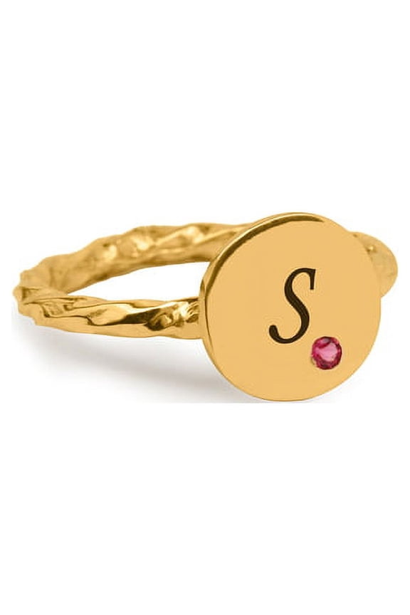 Personalized Laser Engraved Single Initial Round Disc on Twisted Shank Ring with One Birthstone