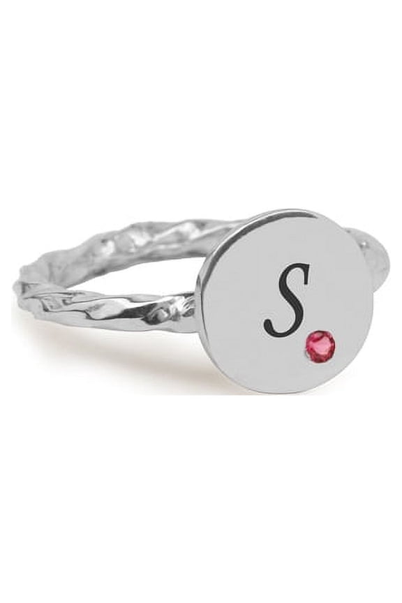 Personalized Laser Engraved Single Initial Round Disc on Twisted Shank Ring with One Birthstone