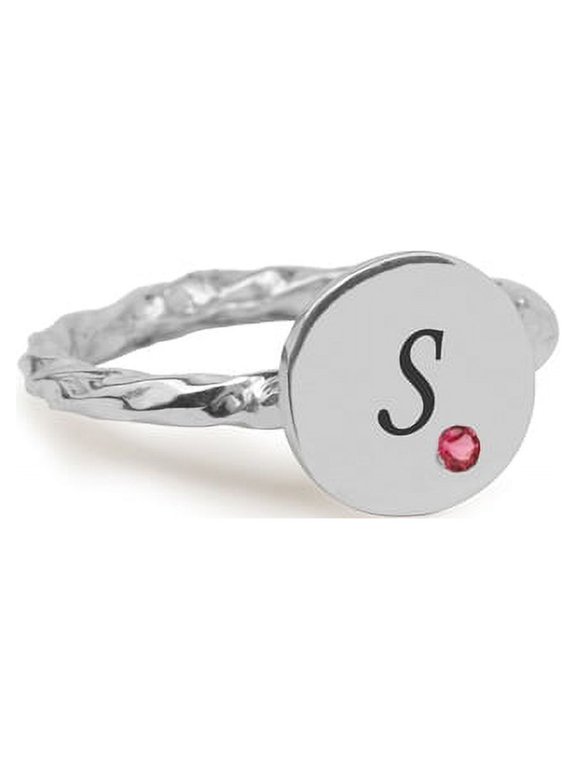 Personalized Laser Engraved Single Initial Round Disc on Twisted Shank Ring with One Birthstone