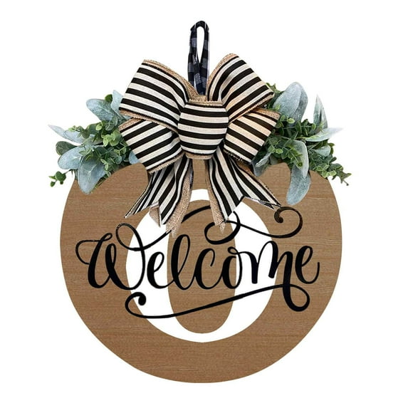 Personalized Last Name Welcome Sign with Letter,Welcome Sign for Front Door Porch Farmhouse Decoration,Wreath Wall Decor Outside All Season, Round Wooden Hanging Housewarming Gift