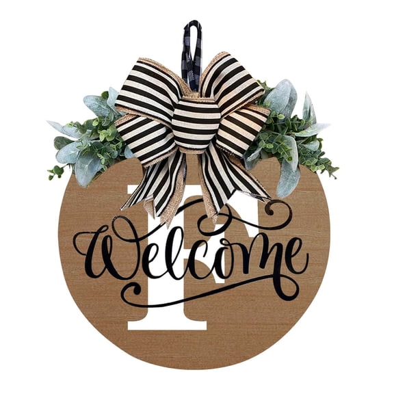 Personalized Last Name Welcome Sign with Letter,Welcome Sign for Front Door Porch Farmhouse Decoration,Wreath Wall Decor Outside All Season, Round Wooden Hanging Housewarming Gift