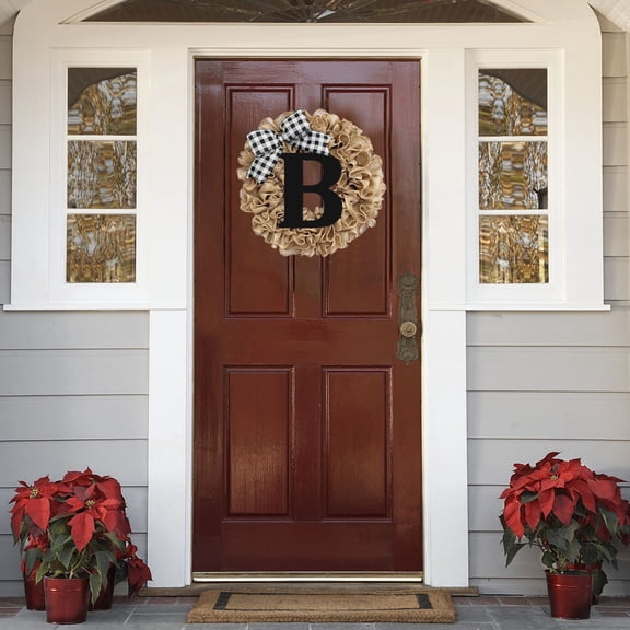 Personalized Last Name Wreath,Farmhouse Front Door Round Wreath with Burlap Bow & Greenery,For All Seasons Home Decor Gift,1PC,Yellow