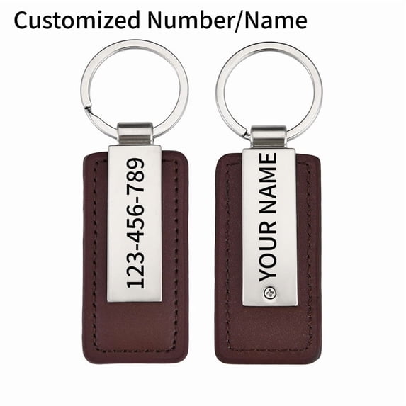 Personalized Leather Anti-lost Keychain - Double-sided Laser Custom Name ID Stainless Steel Keychain for Men Boyfriend, Brother and Father Gift, Coffee