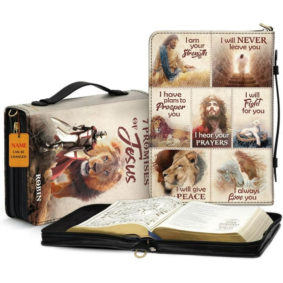 Personalized Leather Bible Cover - 7 Promises of Jesus Carrying Case - Book Carrier Bag for Women - Christian Gifts for Men - Bible Holder, 2XLarge Size