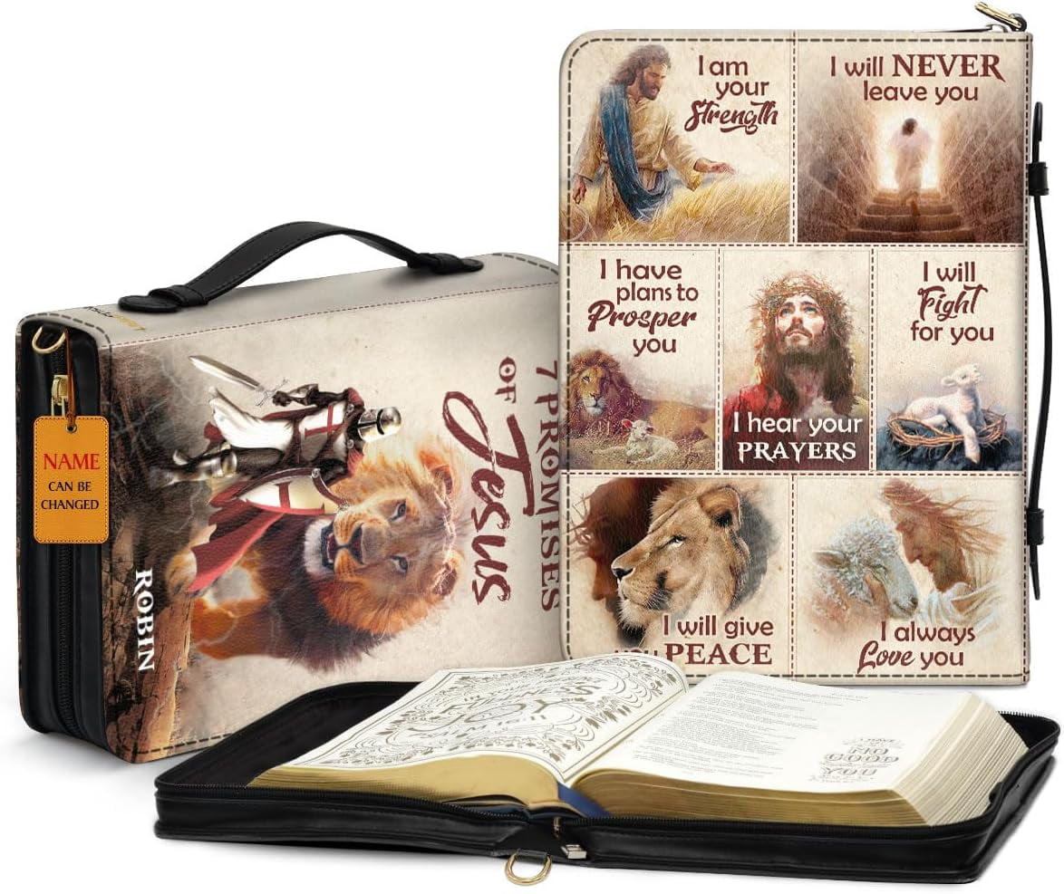 Personalized Leather Bible Cover 7 Promises of Jesus Carrying Case